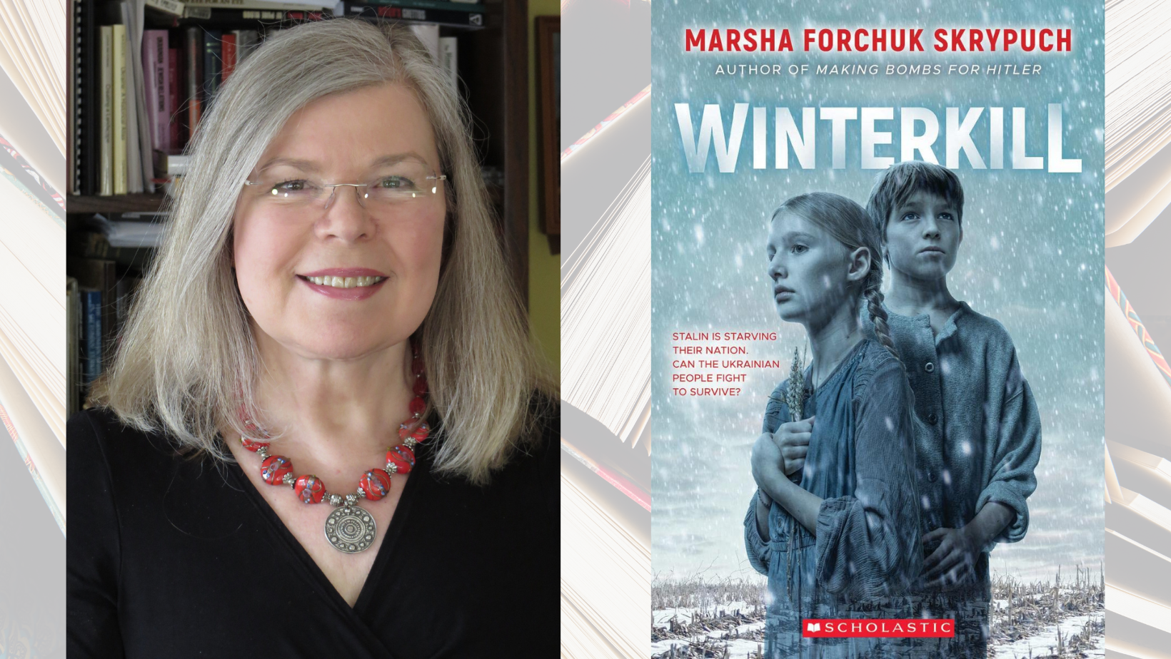 photo of marsha skrypuch and the cover of her book winterki;ll