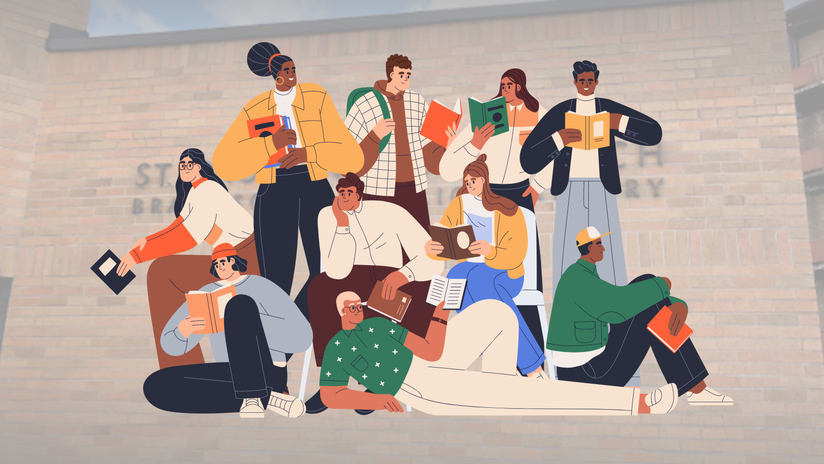 graphic of a group of people reading