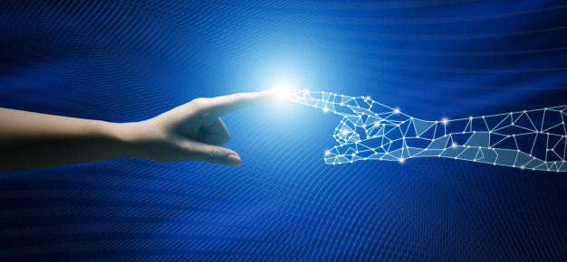 illustration of human and robotic hand touching