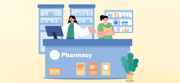 illustration of a pharmacist behind a counter